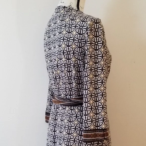 Faux Wrap Tan Brown White Tribal Print Dress - Picture 3 of 8